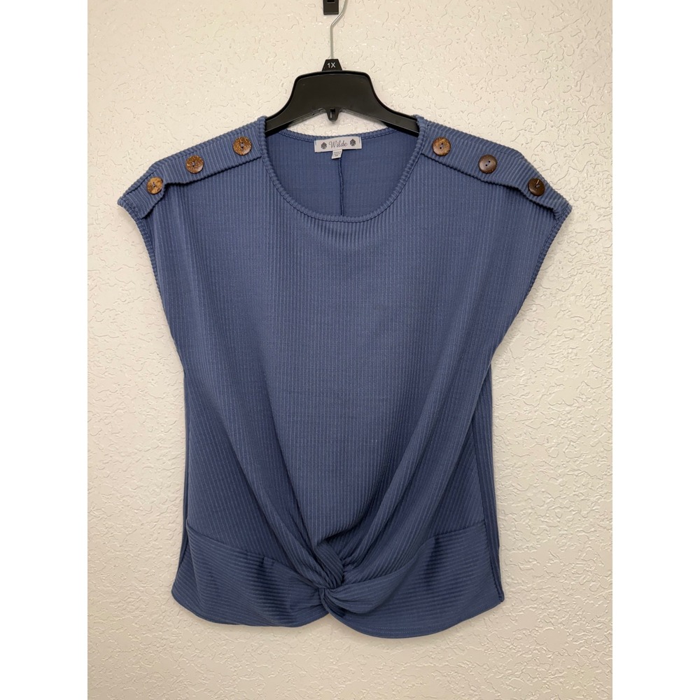 Wilde Blue Ribbed Twist Front Top Button Shoulder Cap Sleeve Blouse M